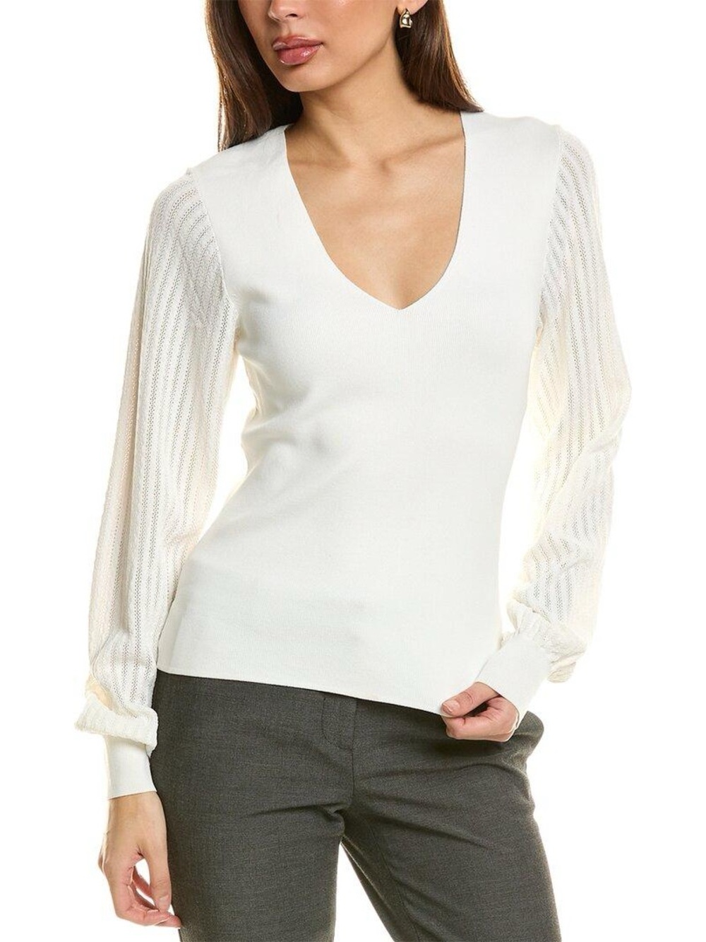 Reiss Cream V-Neck Sweater with Sheer Knit Long Sleeves